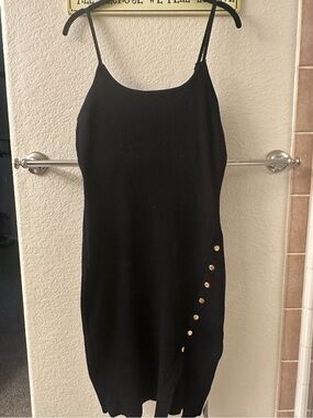 Black Midi Slip Dress with Gold Button Detail